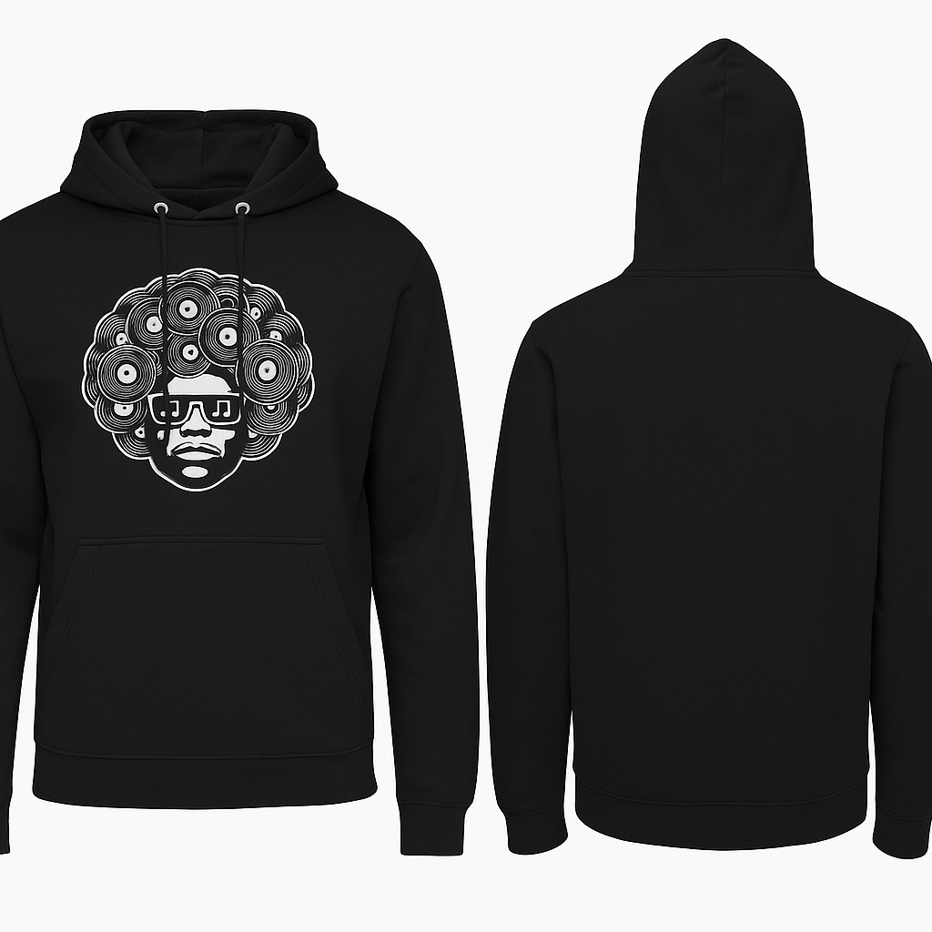 Black hoodie with a unique graphic design of a person with an afro hairstyle and sunglasses.