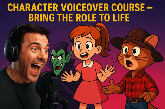 Character Voiceover Course showcasing animated characters and an enthusiastic voice actor.