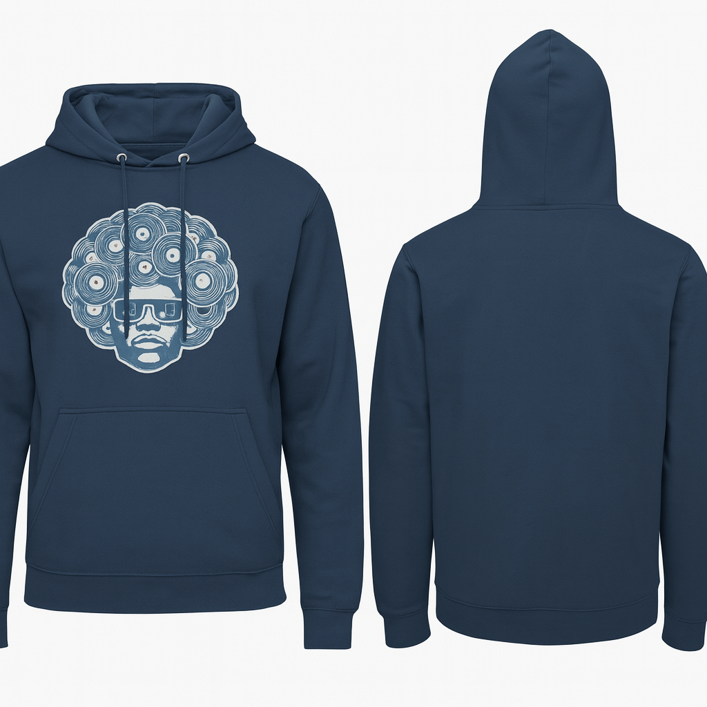 Navy blue hoodie featuring a fun graphic design of a person with an afro hairstyle and sunglasses.
