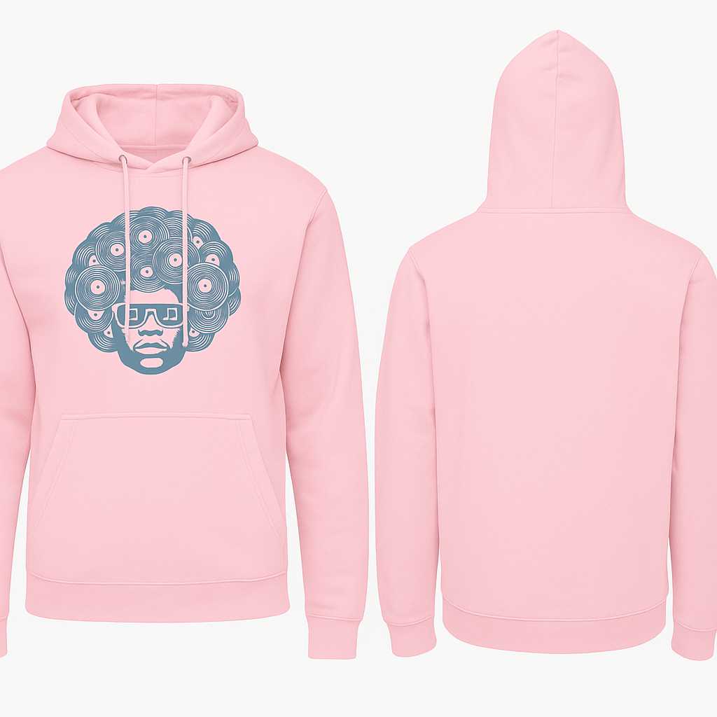 Front and back view of a pink hoodie featuring a graphic design of a person with a vinyl record afro.