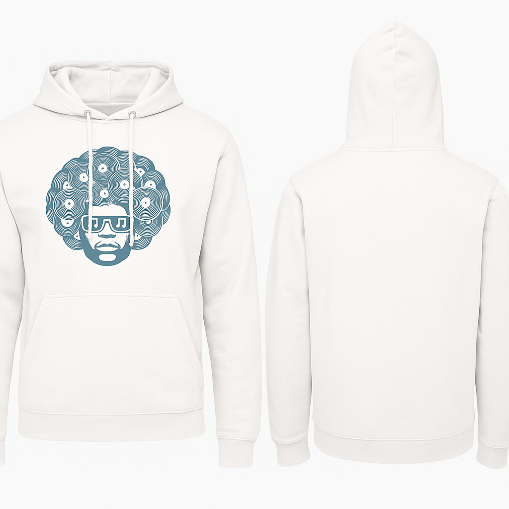 Front and back view of a white hoodie featuring a blue graphic of a person with headphones and an Afro hairstyle.