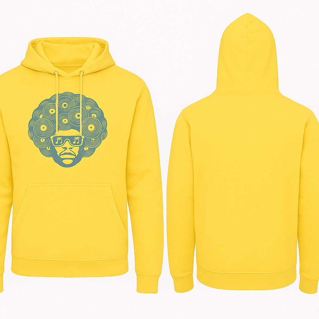 Front and back view of a yellow hoodie featuring a graphic design of a DJ with sunglasses and a large afro.