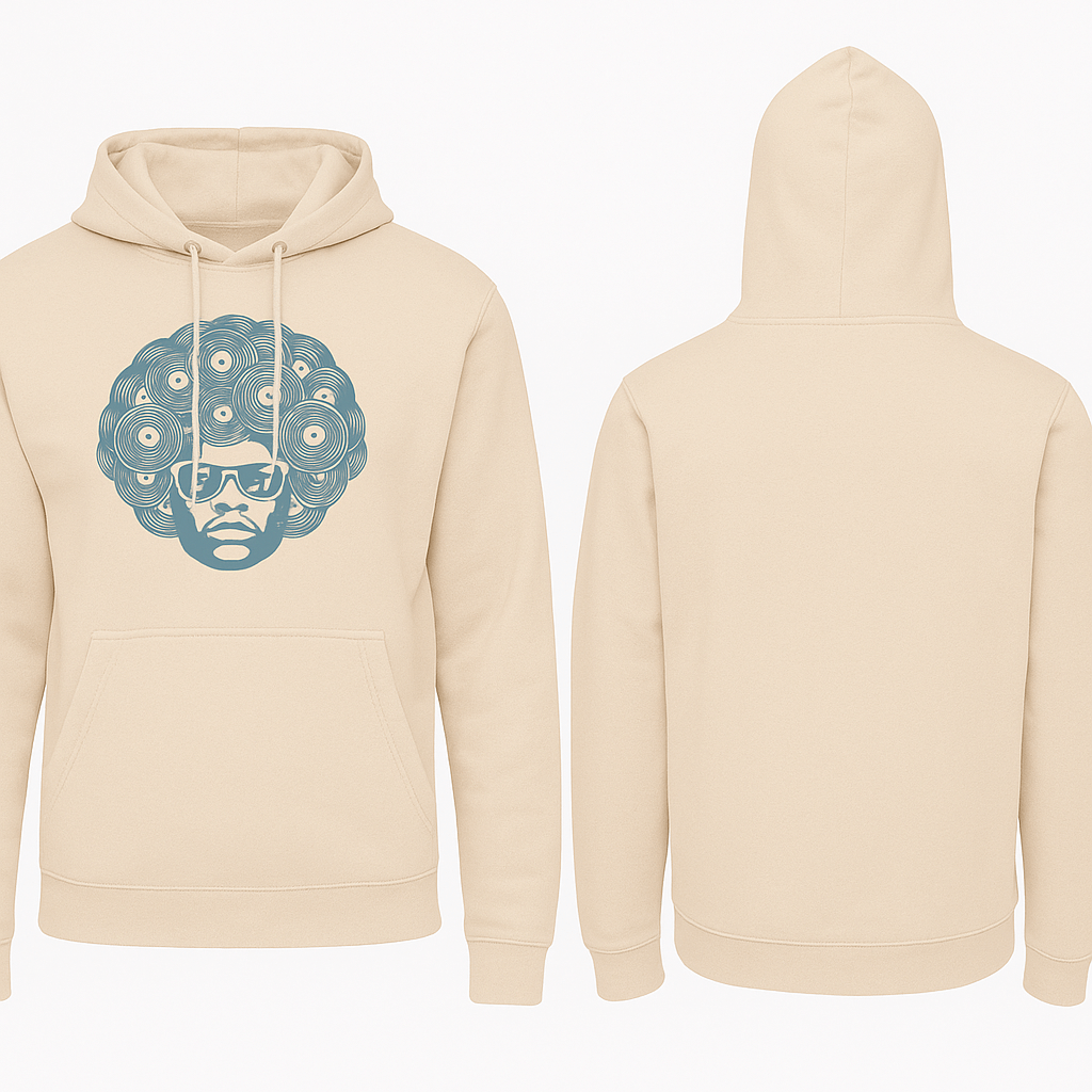 Front and back view of a beige hoodie featuring a graphic of a person with sunglasses and an afro design.